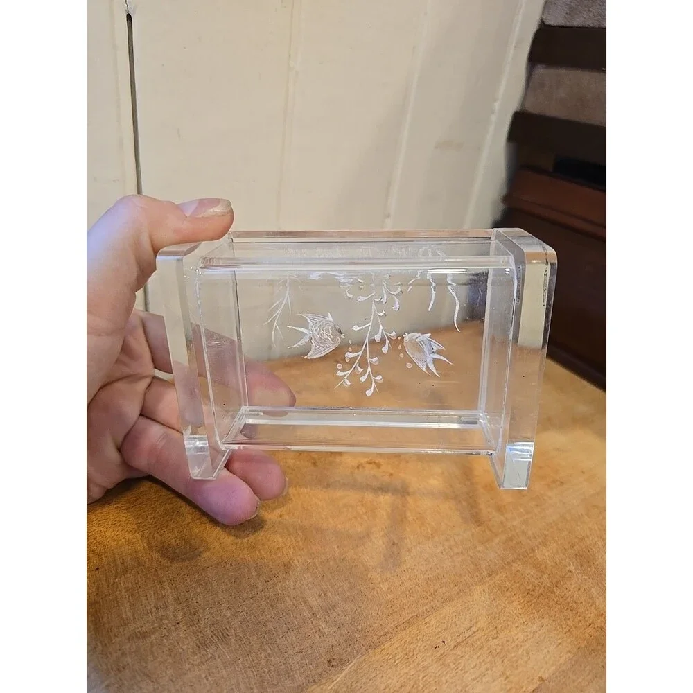 Jewelry Trinket Box AQUARIUM SCENE Reverse Carved Acrylic Mid Century 1950s